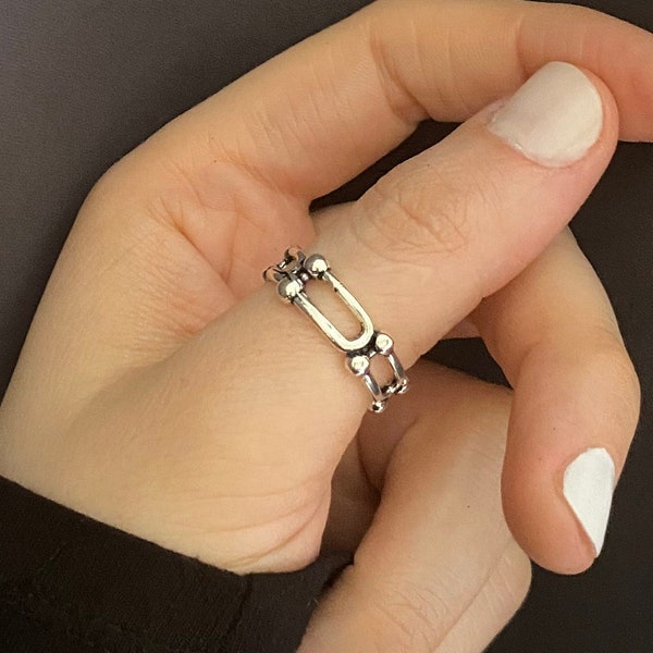 Adjustable Thumb Ring, Statement Geometric Ring, U-Shaped Buckle Jewelry, Boho Ladder Ring, Gift for Mother, Ring For Women, Silver U-ring