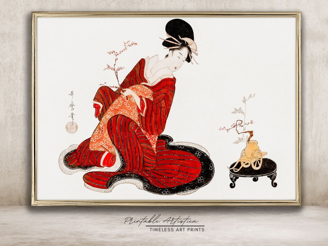 Antique Geisha With a Red Kimono Wall Art vintage Asian Wall Decor Minimalist Asian Art
