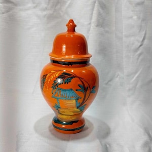 Vintage Hand Painted Italian Mid Century Temple Vase Lidded Ocean Hut