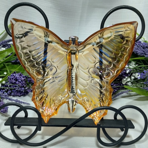 Vintage Marigold/Peach Jeanette Carnival Glass Butterfly Trinket Dish