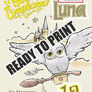 Può includere: Illustrazione digitale di un gufo bianco con una scopa e una lettera, con la scritta "READY TO PRINT". L'immagine include le parole "Buon Compleanno" e "Luna", insieme al numero "12".