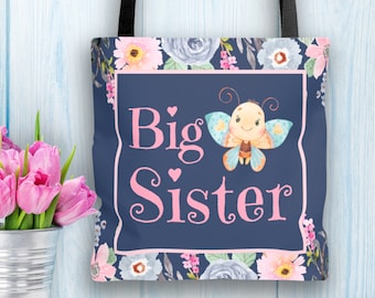 Big Sister Tote Bag with Butterfly, New Big Sister Gift for Girls, Big Sister Gift from Baby, Promoted to Big Sister Announcement