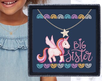 Big Sister Necklace with Unicorn Message Card, New Big Sister Gift from Baby, Promoted to Big Sister Gift for Girls, Baby Announcement