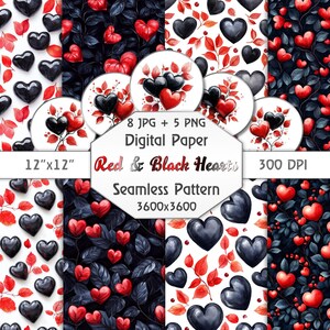 Watercolor Hearts Pattern Set - Red and Black Heart & 5 PNGs with Transparent Background, 300 DPI for DIY Projects Scrapbooking