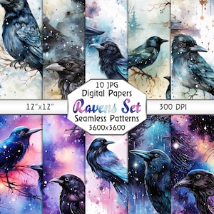 May include: A set of 10 digital paper designs featuring watercolor ravens with a galaxy background. The papers are 12 inches by 12 inches and 300 DPI.