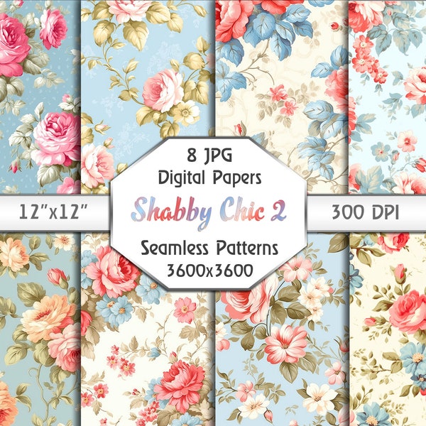 Shabby Chic Roses Vintage Digital Paper, Shabby Chic Floral Seamless Pattern, Shabby Paper Textures, Flowers Junk Journal Kit