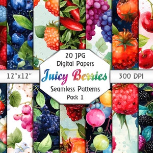 Naadloos patroon Juicy Berries Fruits, 20 ontwerpen digitale papierset, zomerbundel Delicious Fruits N Berries