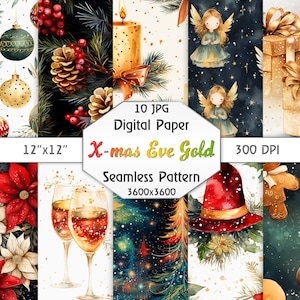 Magical Watercolor Christmas Vibes - 10 Digital Paper Pack with Xmas Designs, Seamless Patterns