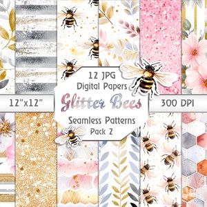 Patrones de abejas doradas sin costuras, papel digital para álbumes de recortes imprimible, paquete de textura de panal de acuarela instantáneo, descarga para uso comercial