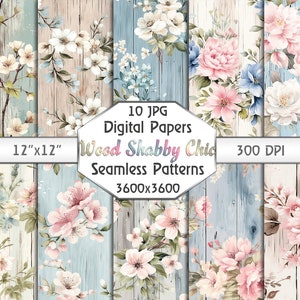 Seamless Shabby Chic Roses on Wood Digital Paper, Shabby Chic Vintage Floral Pattern, Shabby Paper Textures, Flowers Junk Journal Kit