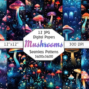 Padrões digitais sem emendas de cogumelos mágicos 12 papéis de cogumelos vibrantes para scrapbooking, convites, tecidos etc., download digital