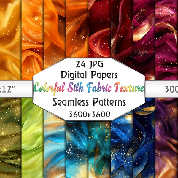 Colorful Silk Fabric Textures - organza digital paper printable backgrounds, Rainbow satin textile Seamless Patterns for commercial use