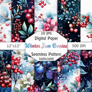 10 Digital Watercolor Paper Christmas Winter Berries Jam Pack Designs, Seamless Patterns with Christmas plants:  Holly Mistletoe Croton