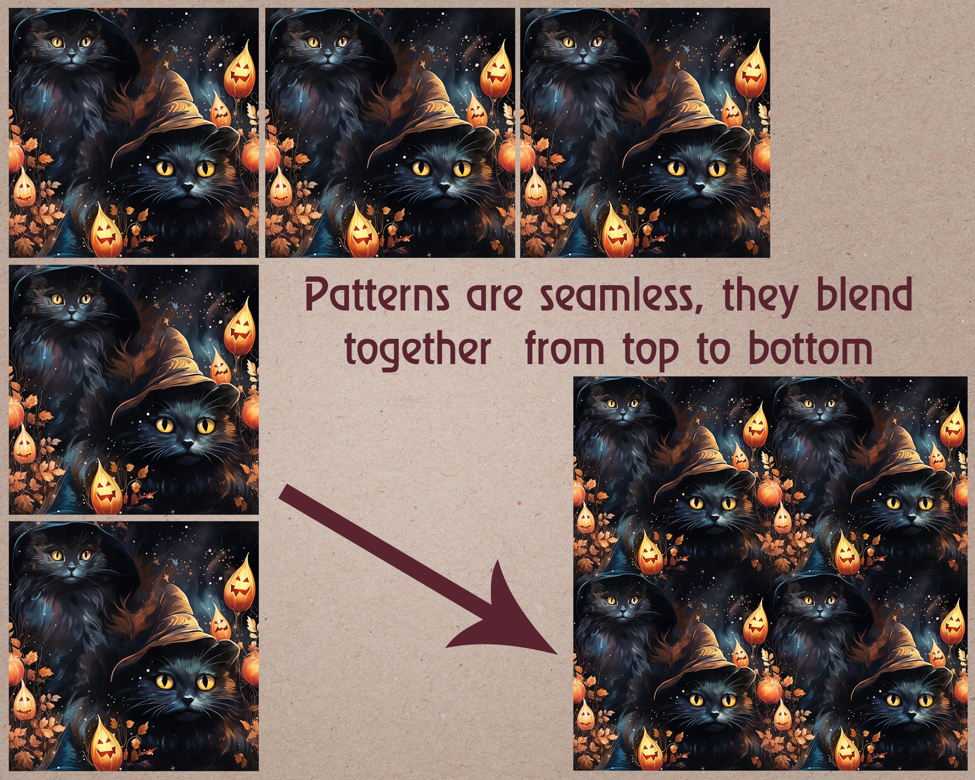 12 Seamless Patterns Witch's Cats, Watercolor Halloween Digital Papers ...