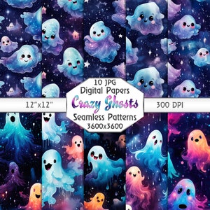 Könnte beinhalten: Zehn digitale Papierdesigns mit bunten, cartoonartigen Geistern mit Galaxiemustern. Jedes Design ist 3600x3600 Pixel groß und hat 300 DPI. Der Text "Crazy Ghosts" ist im Bild enthalten.