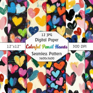 Wasserfarbe Graffiti Herzen Muster - bunte handgemalte Bleistift Herzen, digitales Papier, 300 DPI für DIY Scrapbooking