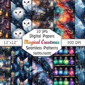 10 fantasie mythische wezens van schoolmagie en hekserij aquarel naadloos papier digitale karakters behangpatroon