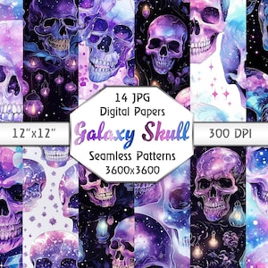 Skull Holographic pattern Seamless Paper, Watercolor Scull, Cosmic Galaxy Skull Digital Paper