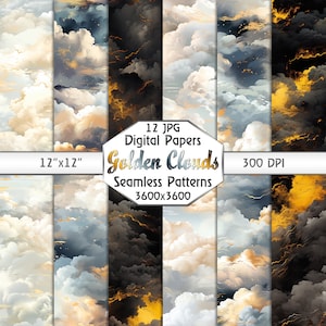 Golden Clouds Seamless Pattern, Celestial Heaven Digital Paper - Seamless High Resolution Sky Patterns, Luxurious Background Textures