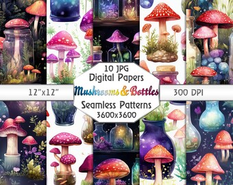Magical Mushrooms in the Bottles Seamless Digital Patterns 10 Vibrant Mushrooms Papers for Scrapbooking, Invitations, Textiles