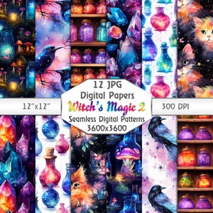 May include: Twelve digital paper designs featuring a witchy theme. The papers feature a variety of magical elements, including potion bottles, crystals, cats, ravens, and mushrooms. The papers are seamless and can be used for a variety of crafting projects.