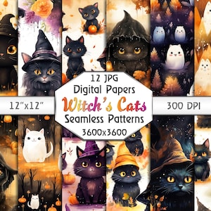 12 nahtlose Muster Hexe Katzen, Aquarell Halloween Digital Papiere, niedliches Digital Pack für Scrapbooking, Stoffe, Postkarten und etc.