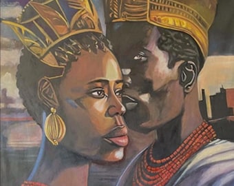 African Royal Couple Painting 47x48, Black Love Decor, King and Queen Cultural Artwork, Afrocentric Handmade Wall Decor, Hand painted, Large