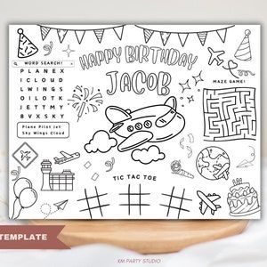 Airplane Kids Birthday Activity Placemat, Airplane Coloring Favors, Birthday Coloring Page, Birthday Craft Activity, Birthday Party Favor
