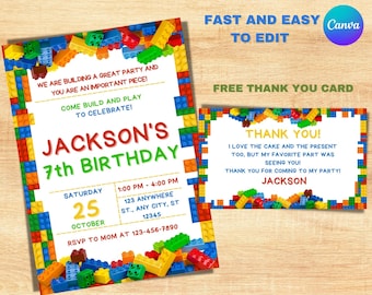 Puede incluir: Una invitación colorida para una fiesta de cumpleaños número 7 con temática de Lego. La invitación presenta un borde de ladrillos Lego coloridos y una imagen de ladrillos Lego. El texto de la invitación dice "Jackson's 7th Birthday" e incluye la fecha, la hora y la información de RSVP.