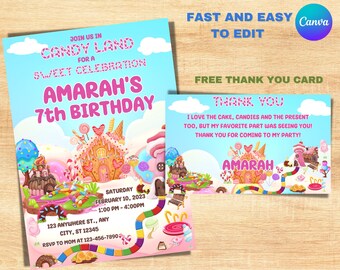 Candy Land Birthday Invitation with Thank You Card (Digital Download)
