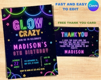 Glow Party Birthday Invitation with Thank You Card (Editable Template)