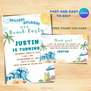 Invitación de cumpleaños de playa con tarjeta de agradecimiento, invitación de cumpleaños de verano, invitación a fiesta en la playa, invitación de cumpleaños de surfista, plantilla editable
