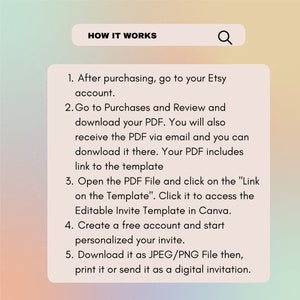 May include: A white text box with a black magnifying glass icon and the text "HOW IT WORKS" in black. Below the box is a list of instructions on how to use an Etsy digital download. The instructions are numbered 1 through 5.