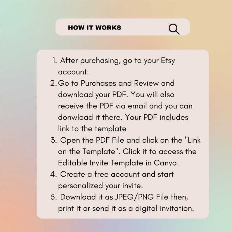 May include: A white text box with a black magnifying glass icon and the text "HOW IT WORKS" in black. Below the box is a list of instructions on how to use an Etsy digital download. The instructions are numbered 1 through 5.
