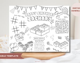 Mantel individual de cumpleaños con bloques de construcción: Actividad para colorear para niños (Descarga digital)