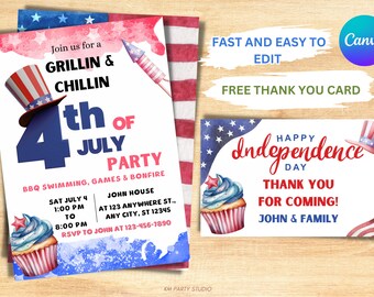 4th Of July BBQ Invitation, Independence Day Invitation, July 4th BBQ Invite, Neighborhood Block Party, Backyard Fireworks Friends, Editable