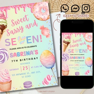 Invitation d'anniversaire SWEET SASSY et SEPT avec carte de remerciement, invitation modifiable de bonbons, anniversaire d'enfants rose bonbon fille pourpre, invitation imprimable