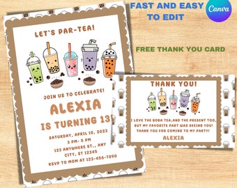 Editable Boba Tea Birthday Invitation, Thank You Card (Digital Download)