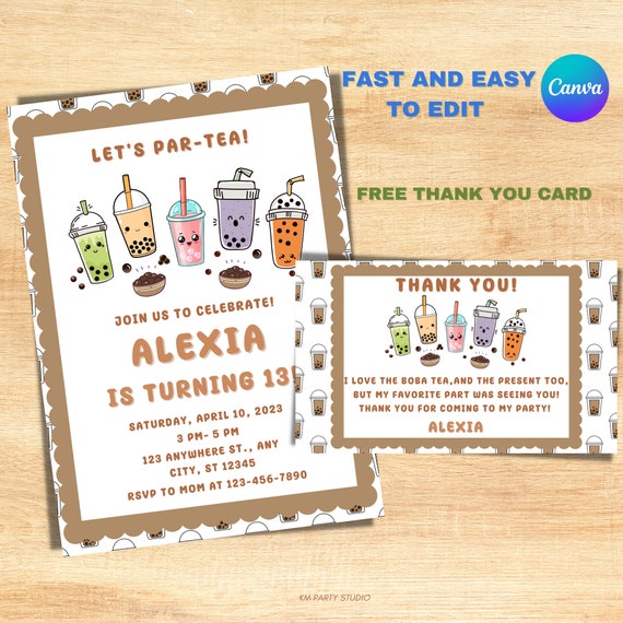 Editable Boba Tea Birthday Invitation, Thank You Card (Digital Download)