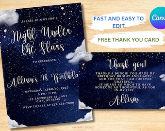 Starry Night Birthday Invitation Template with Thank You Card (Digital Download)