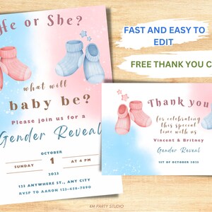 Gender Reveal Invitation w/ Thank You Card, Editable Invite, Gender Reveal party Invite Digital Gender Reveal Printable Invite Gender Reveal