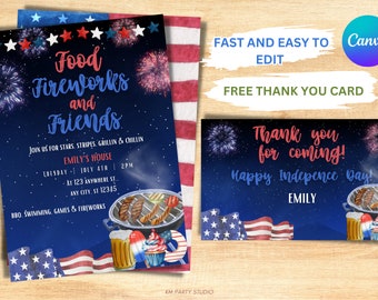 Editable 4th Of July BBQ Invitation, Independence Day Invitation, July 4th BBQ Invite, Neighborhood Block Party, Backyard Fireworks Friends