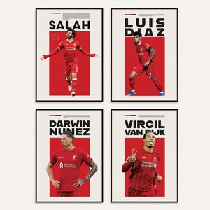 Plakat piłkarski Liverpool, zestaw 4 prezentów dla fana piłki nożnej, prezent na ścianę dla fana piłki nożnej, Muhammed Salah, Virgil, Darwin Nunez, Luis Diaz