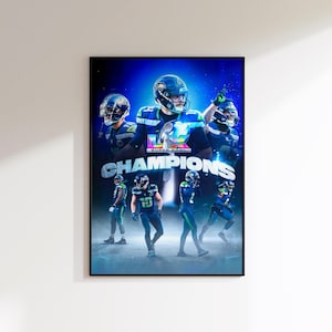 May include: A framed poster featuring a football team in blue and green uniforms. The word "CHAMPIONS" is prominently displayed, with the words "SUPER BOWL" above it. The poster has a blue and black background.