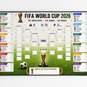 Tabella murale stampabile per i Mondiali 2026, tracker del tabellone del torneo FIFA, poster di calcio per bambini, famiglie e appassionati di calcio