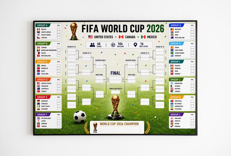 World Cup 2026 Wall Chart Printable, FIFA Tournament Bracket Tracker, Soccer Poster for Kids, Families & Football Fans image 1