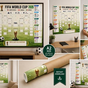 May include: A FIFA World Cup 2026 tournament wall chart poster featuring a bracket design, national flags, and the championship trophy. The poster measures 42 cm by 59.4 cm, which is approximately 16.5 inches by 23.4 inches, and includes a green field background.