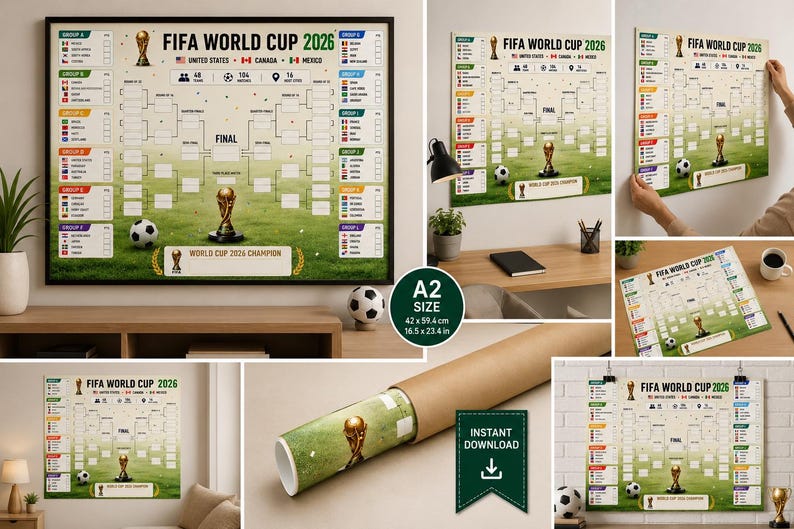 May include: A FIFA World Cup 2026 tournament wall chart poster featuring a bracket design, national flags, and the championship trophy. The poster measures 42 cm by 59.4 cm, which is approximately 16.5 inches by 23.4 inches, and includes a green field background.