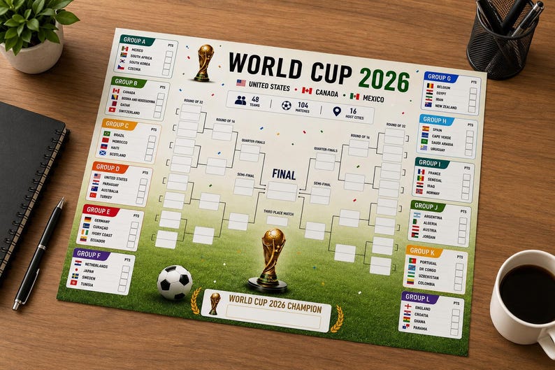May include: A World Cup 2026 tournament bracket poster featuring a green grass field background, a central knockout stage chart, and group listings with national flags. The design includes the text World Cup 2026, United States, Canada, Mexico, and a gold trophy illustration.