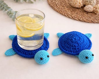 Handmade Crochet Turtle Coaster, Absorbent Cotton Sea Turtle Drink Mat, Coastal Kitchen Decor